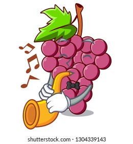 With trumpet red grapes fruit above mascot table