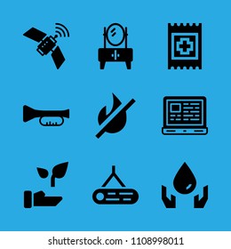 trumpet, satellite, band aid, cupboard, fire, laptop, plant, log and ecology vector icon. Simple icons set