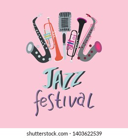 Trumpet, saxophone and mic with lettering jazz festival. Music festival poster template. Rock, jazz concert, vector design brochures, flyers or cards.  Vector