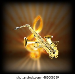 Trumpet and Saxophone on a blurred background of golden treble clef with flash. Achieved with a black background can be used with any image or text.