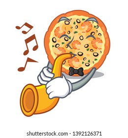 With trumpet seafood pizza in the mascot shape