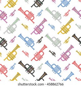 Trumpet seamless pattern. Musical instruments. Colorful backdrop for your design.