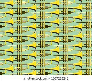Trumpet seamless vector pattern. Yellow horns on green background illustration. Wrapping paper design.