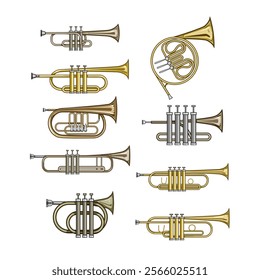 trumpet set cartoon. jazz classical, horn valves, bell mouthpiece trumpet sign. isolated symbol vector illustration