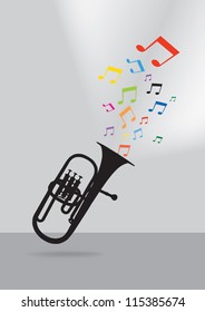 Trumpet silhouette in colorful musical concept on gray background