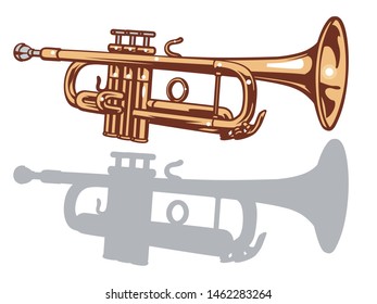 A trumpet and it's silhouette set. Vector illustration.