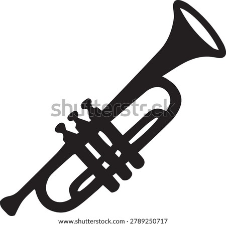 Trumpet silhouette vector icon, black solid brass instrument symbol for classical jazz band concert, musical performance festival layout.