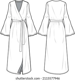 Trumpet Sleeve Overlap Dress, Bell Sleeve Crossover Maxi Dress With Tie, Abaya,  Modesty Dress. Front and Back View. Fashion Illustration, Vector, CAD, Technical Drawing, Flat Drawing.	