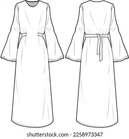 Vestido de correa de la manga de Trumpet, Vestido maxi de la manga de Bell con corbata, abaya, modestia de la vista frontal y posterior. Moda Ilustración, Vector, CAD, Dibujo Técnico, Plano Plano, Plantilla, Trampa.	