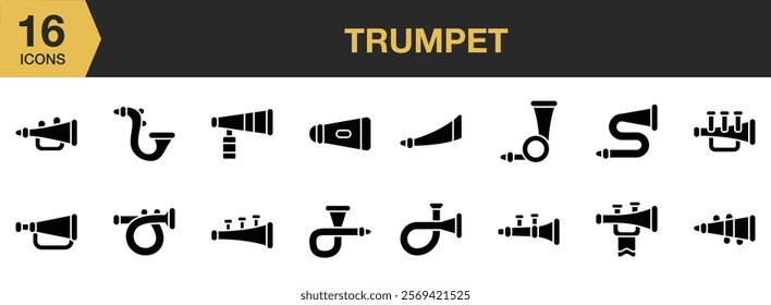 Trumpet solid icon set. Includes Trumpet, New Year, Holliday, Party, Festive, Year, Decoration, and More. Solid icons vector collection.