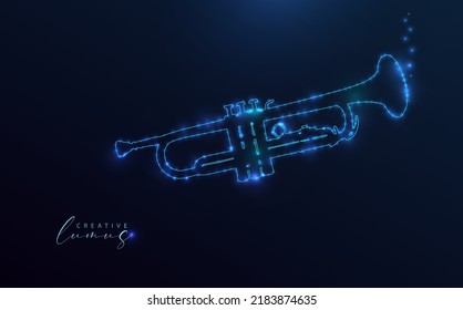 Trumpet starry symbol. Musical instrument, icon, composition of stars or globes of blue light in the universe.