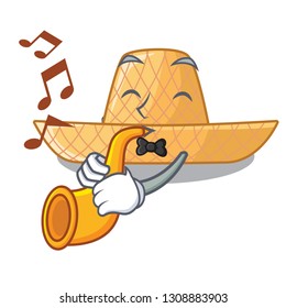 With trumpet straw hat in a wooden cartoon