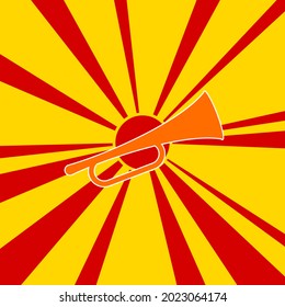 Trumpet symbol on a background of red flash explosion radial lines. The large orange symbol is located in the center of the sun, symbolizing the sunrise. Vector illustration on yellow background