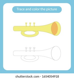 Trumpet toy with simple shapes. Trace and color the picture children s educational game. Handwriting and drawing practice. Toys theme activity for toddlers, kids. Vector illustration.