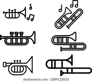 Trumpet and Trombone Vector Set | Brass Musical Instruments Line Art | Jazz and Orchestra Wind Instruments | Black and White Outline Icons for Music Designs, Posters, and Coloring Pages