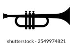 Trumpet vector icon. Wind musical instrument. Black silhouette isolated on white background.