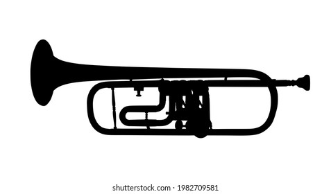 Trumpet vector silhouette illustration isolated on white background. Music wind instrument symbol. Bugler silhouette.