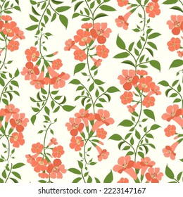 Trumpet vines flowers seamless pattern in white background