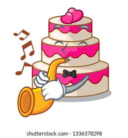 With trumpet wedding cake in a cartoon fridge