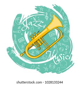 Trumpet. Wind musical instrument. Jazz instruments, on an abstract green background. With additional particles, musical attributes. Vector illustration.