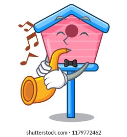 With trumpet wooden bird house on a pole cartoon