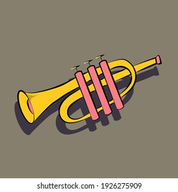 trumpet in yellow and pink tones hand drawing icon outline symbol on a dark background. Vector