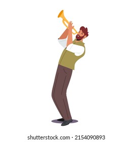 Trumpeter Blowing Musician Composition. Trumpet Player Male Character Playing on Pipe Isolated on White Background. Music Jazz Band Entertainment, Concert. Cartoon People Vector Illustration