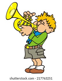 Trumpeter, funny boy with trumpete, vector icon