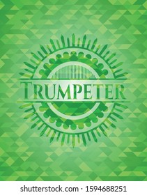 Trumpeter green emblem with triangle mosaic background. Vector Illustration. Detailed.