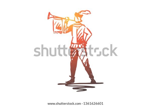Trumpeter, medieval, trumpet, message,\
ancient concept. Hand drawn medieval trumpeter in ancient style\
clothes concept sketch. Isolated vector\
illustration.
