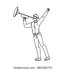 Trumpeter Play Musical Instrument Trumpet Black Line Pencil Drawing Vector. Character Man Playing Melody Musician Golden Trumpet, Orchestra Performer. Classical Symphony Music Performance Illustration