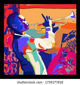 Trumpeter playing. Jazz trumpet player - vector illustration (Ideal for printing on fabric or paper, poster or wallpaper, house decoration)