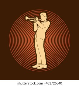 Trumpeter playing trumpet designed on spin wheel background graphic vector.