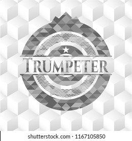 Trumpeter realistic grey emblem with geometric cube white background