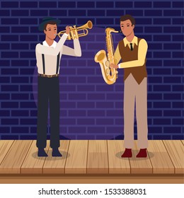 trumpeter and saxophonist in stage, jazz music band colorful design. vector illustration