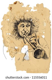 Trumpeter. A vector image is composed of two editable layers - background with torn paper and sketch of musician.