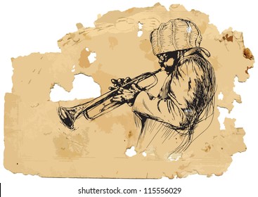 Trumpeter. A vector image is composed of two editable layers - background with torn paper and sketch of musician.