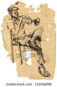 Trumpeter. A vector image is composed of two editable layers - background with torn paper and sketch of musician.