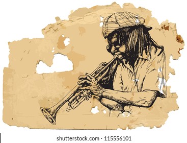 Trumpeter. A vector image is composed of two editable layers - background with torn paper and sketch of musician.