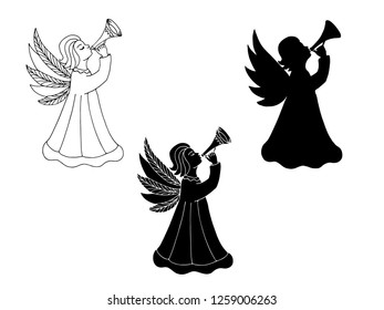 trumpeting Christmas Angels, three silhouettes. Vector clip art. Without a background, isolated

