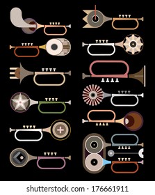 Trumpets - abstract vector icons on black background. Collection of similar trumpets. Graphic design.