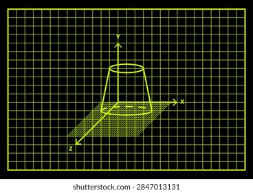 Truncated cone geometry spatial projection grid neon yellow background black. Glowing yellow truncated cone wireframe XYZ coordinate axes grid plane dark background retro cybernetic CAD layout
