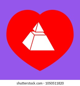 Truncated pyramid with hat. Vector. White icon in red heart at lavender background.
