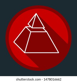Truncated pyramid with hat. White icon with shadow on round red button at dark cyan background. Illustration.