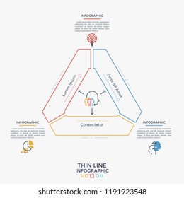 Truncated triangle divided into 3 pieces, flat icons and text boxes. Concept of three business options to choose. Modern infographic design template. Vector illustration in linear style for brochure.