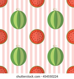 truncated watermelons isolated on background with vertical white and pink strips pattern