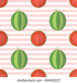 truncated watermelons isolated on background with horizontal white and pink strips pattern