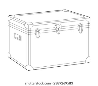 Bolsa de silueta de la caja del maletero. Ilustración técnica de accesorios de moda. Vista frontal del vector 3-4 para hombres, mujeres, estilo unisex, bolso plano de simulación CAD esquema aislado