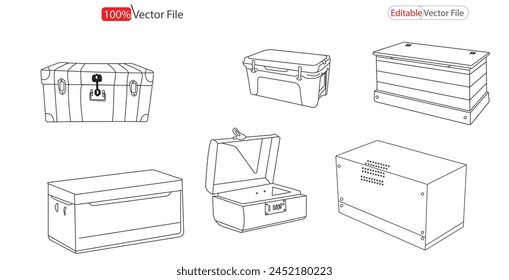  Colección de diseño de contorno de silueta de caja de maletero . Ilustración técnica de accesorios de moda. Vector mochila delantera. silueta de la caja del maletero. Nuevo tronco Ilustración vectorial de stock y Libre de regalías