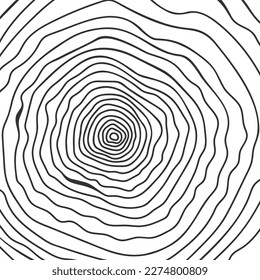 Trunk cross section texture. Topographic design. Tree rings in doodle style. Wooden surface hand drawn stamp isolated on white background. Vector outline illustration